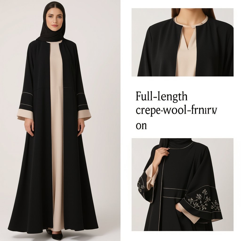 Elegant A-Line Abaya Design • Cut: • Full-length A-Line silhouette flowing gracefully from shoulder to floor. • Wider hem for a luxurious, fluid movement while walking. • Fabric: • Double Crepe or Silk-Wool Blend — matte, refined, with enough structure to hold the shape elegantly. • Base colors: luxurious black or soft earthy beige (depending on the occasion). • Collar / Neckline: • Minimal round collar or slim feminine blazer lapel. • Sleeves: • Straight sleeves with delicate embroidery or subtle French lace at the cuffs. • Alternative option: Slightly flared sleeves with a contrasting lining that peeks through when moving. • Details: • Side embroidery in off-white or silver, starting from the shoulder and flowing gracefully down one side to mid-hem (floral motifs or fine geometric lines). • Thin satin piping at the bottom hemline in a contrasting tone for a modern touch. ⸻ ✨ Result: A refined A-Line abaya with feminine flow and elegant details (side embroidery + delicate sleeves), striking a perfect balance between simplicity and luxury — ideal for formal occasions and sophisticated appearances.
Business fashion: **Business Style Abaya Prompt:**
Elegant A-line abaya. Full-length, flowing silhouette, wider hem. Matte crepe or silk-wool fabric, black or beige. Round collar or slim lapel. Straight sleeves with subtle cuff detail, or slightly flared with contrasting lining. Side embroidery (floral or geometric). Thin satin piping at hem.