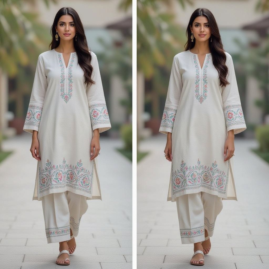 Sindhi traditional dress ho .. Thora sa sleeves p kam ho Thora si design galy p ho .. or trouser p bhe kam ho Thora San
Casual fashion: Casual Sindhi traditional dress: cotton, long sleeves, with subtle embroidery on the sleeves, neckline, and trousers.