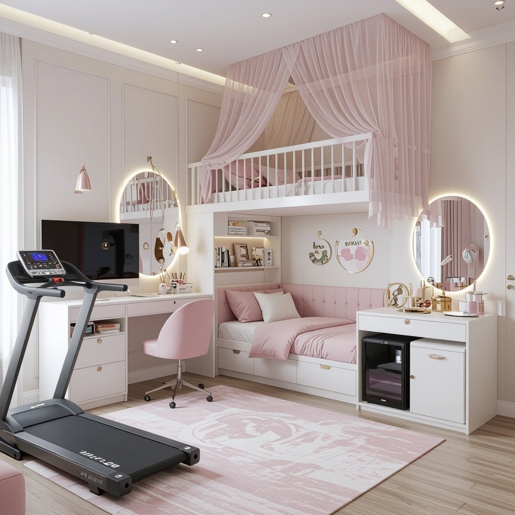 Create a coquette bedroom with a treadmill and a vanity desk and a tv with a loft bed that has a princess like canopy on it and under the loft bed it has a mini sofa and desk with. a mini fridge
Create a coquette bedroom with a treadmill and a vanity desk. Include a TV lounge with a loft bed, featuring a sheer canopy. Underneath, a mini sofa, desk, and mini-fridge complete the space.