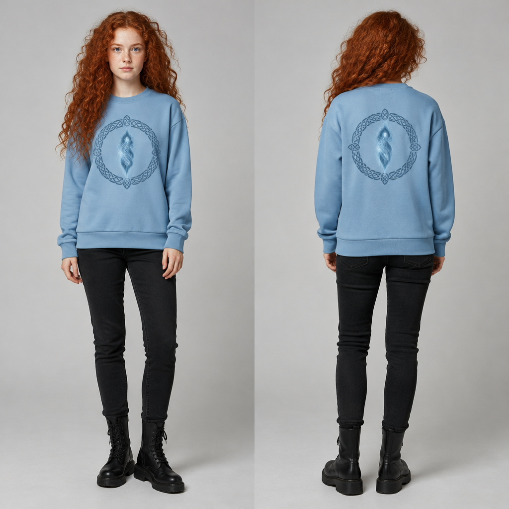 A Scottish teenage girl with wild red curls and blue eyes wears a sky blue sweater with writing in Zyan that says Our fate lives within us You only have to be brave enough to see it and a Whisp a Willow from the Movie Brave in the same color in the middle and the in a circle around it and black jeans and black military boots
photorealistic fashion design, A Scottish teenage girl with wild red curls and blue eyes wears a sky blue sweater with writing in Zyan that says Our fate lives within us You only have to be brave enough to see it and a Whisp a Willow from the Movie Brave in the same color in the middle and the in a circle around it and black jeans and black military boots , just the design no text, show front and back