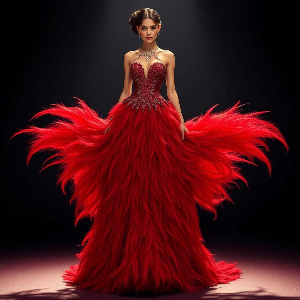 make me a bright red dress with long feathered skirt and corset
Design a radiant cherry-red gown featuring an ethereal long feathered skirt that cascades like a fiery waterfall. The form-fitting corset, adorned with intricate lace detailing, elegantly enhances the silhouette. Accentuated with bold crystal embellishments, this breathtaking piece embodies flamboyance and sophistication, perfect for a glamorous gala under the stars.
