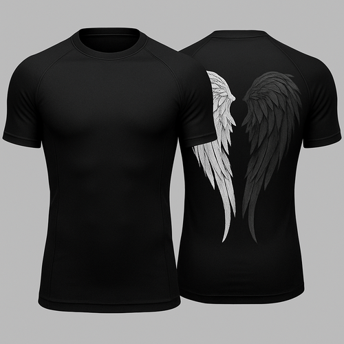 Black base short sleeve compression jujitsu rash guard shirt. 2 angle wings on the back, one white and the other dark gray. Make the wings kinda form a shape of a heart without making it too obnoxious so the wings look natural still 

Little less of a heart shape and make the wings come down almost to the bottom of the shirt 

 