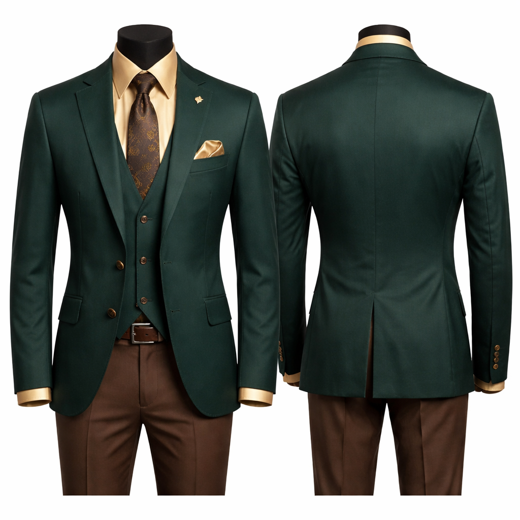 Green jacket, gold colored dress shirt, brown pants
Green jacket, gold colored dress shirt, brown pants
, formal style, show front and back