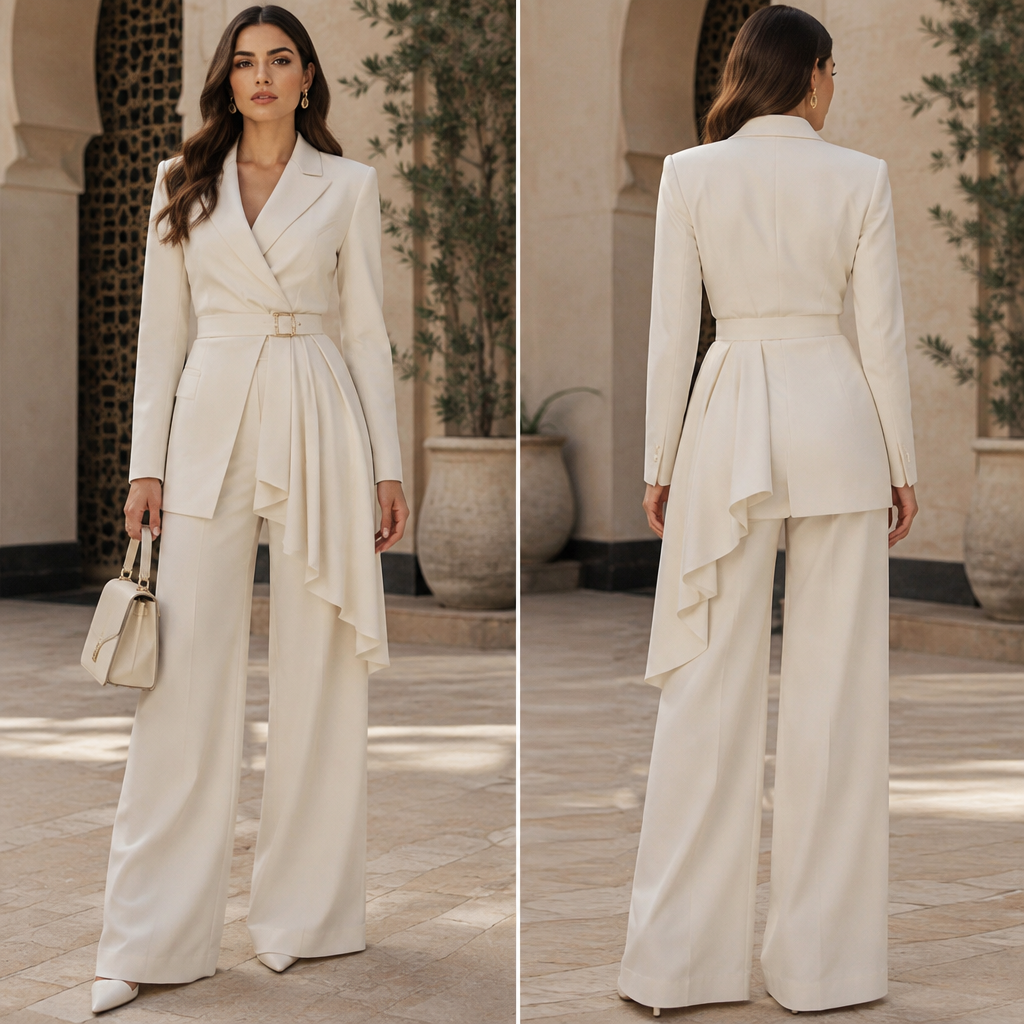 A Female Dress design, with a light, flowing drape, in a Monochrome color palette, suitable for Fall, in Preppy Chic + Business style. بذلة راقية للسيدات الاعمال. Morocco fashion aesthetics. Present it as professional fashion catalogue photography: the garment is the subject, shown full-length with editorial styling, neutral posing and tasteful, non-suggestive framing.
photorealistic fashion design, A Female Dress design, with a light, flowing drape, in a Monochrome color palette, suitable for Fall, in Preppy Chic + Business style. بذلة راقية للسيدات الاعمال. Morocco fashion aesthetics. Present it as professional fashion catalogue photography: the garment is the subject, shown full-length with editorial styling, neutral posing and tasteful, non-suggestive framing., preppy_chic style, just the design no text, show front and back