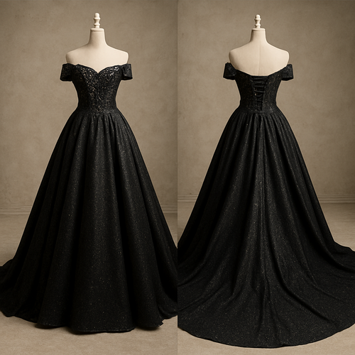 Glittery Black A-line off-the-shoulder sleeveless wedding dress with long royal train. Corset back, with embroidered sequin beading on the top.