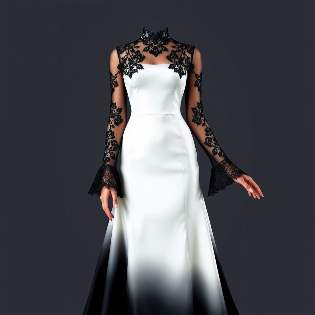 A white long body hugging dress that flares a bit just from the bottom of the knees all the way down and its dyed in black from the bottom up until the knees then a black laced design on the bodies and all the way to the arms and hands
Envision a striking, body-hugging gown crafted from luxurious satin, featuring a chic high neckline and sheer long sleeves adorned with intricate black lace. The dress transitions from pristine white at the bodice to a dramatic ombré of deep black at the hem, where a playful flared silhouette drapes elegantly, emphasizing movement and grace. Accentuated with delicate lace detailing spiraling down the arms, each fingertip is kissed with lace for an enchanting finish. This design embodies sophisticated femininity, perfect for a glamorous evening affair.