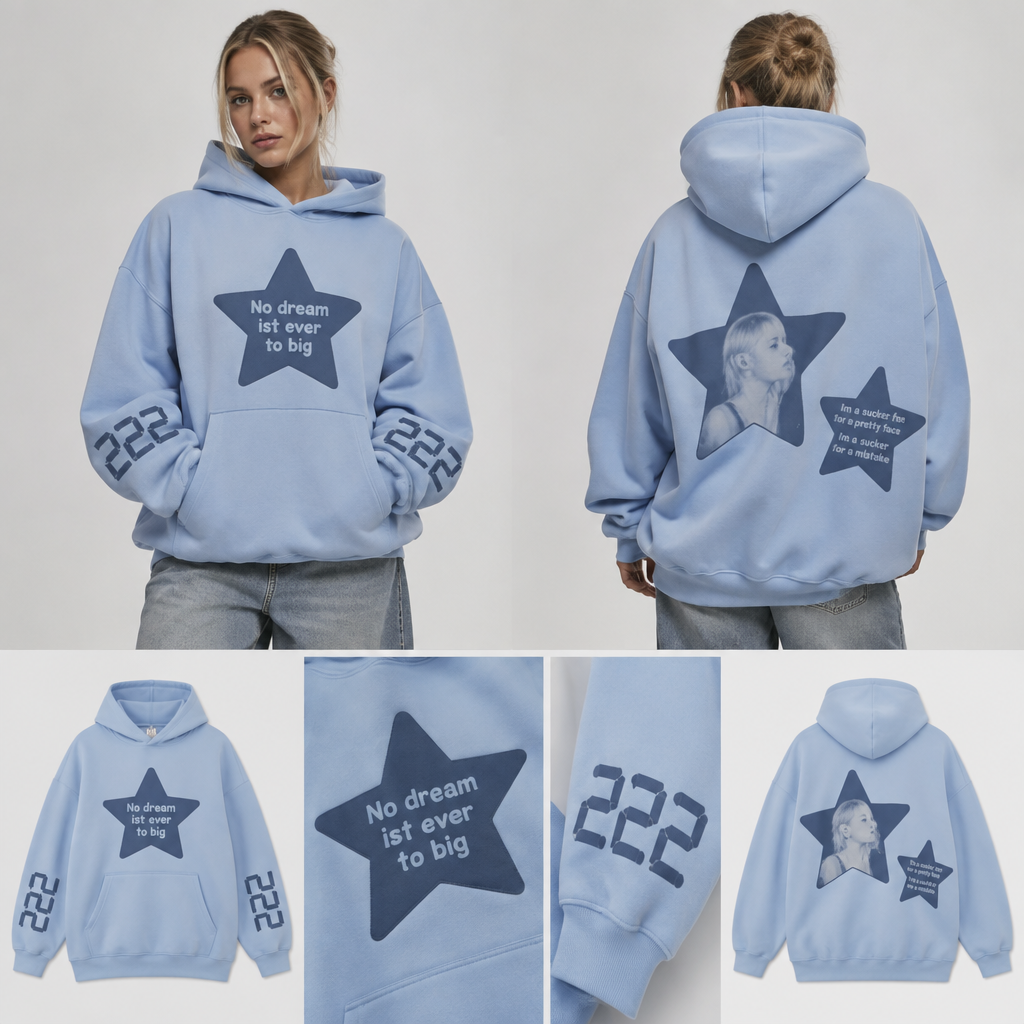 A Female Dress design, suitable for Fall. Erstell mir ein bild von einem baby blauen puff Hoodie. Der Hoodie soll eine große kaputze haben. An den Ärmel stehen in digitale zahlen design die Nummer 222 und der Hoodie hat vorne eine Känguru Tasche. Darüber ist ein Stern in einem dunkleren blau und darin steht in sehr hellen blau 'No dream ist ever to big'. Auf der Rückseite des Hoodie ist ein großer Stern und daneben ein kleinerer. Im großen Stern sieht man Freya Skye von ihrem letzten song Bad Taste. Und im kleinen Stern steht jeweils 'Im a sucker for a pretty face' und etwas darunter steht 'Im a sucker for a mistake'. Germany fashion aesthetics. Present it as professional fashion catalogue photography: the garment is the subject, shown full-length with editorial styling, neutral posing and tasteful, non-suggestive framing.
photorealistic fashion design, A Female Dress design, suitable for Fall. Erstell mir ein bild von einem baby blauen puff Hoodie. Der Hoodie soll eine große kaputze haben. An den Ärmel stehen in digitale zahlen design die Nummer 222 und der Hoodie hat vorne eine Känguru Tasche. Darüber ist ein Stern in einem dunkleren blau und darin steht in sehr hellen blau 'No dream ist ever to big'. Auf der Rückseite des Hoodie ist ein großer Stern und daneben ein kleinerer. Im großen Stern sieht man Freya Skye von ihrem letzten song Bad Taste. Und im kleinen Stern steht jeweils 'Im a sucker for a pretty face' und etwas darunter steht 'Im a sucker for a mistake'. Germany fashion aesthetics. Present it as professional fashion catalogue photography: the garment is the subject, shown full-length with editorial styling, neutral posing and tasteful, non-suggestive framing., just the design no text