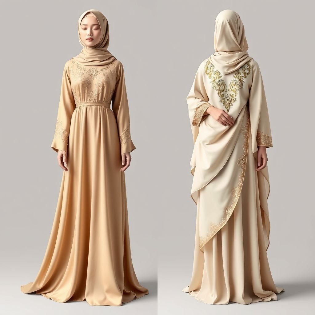 Modest hijabi two sets beige chic and sparkling
Design an elegant fashion ensemble featuring modest hijabi attire in two sets. The first set showcases a flowing beige silk maxi dress adorned with delicate sparkling sequins, offering a touch of luxury. The second set features an intricately designed beige abaya with soft layers, embellished with shimmering accents, epitomizing sophistication and grace.