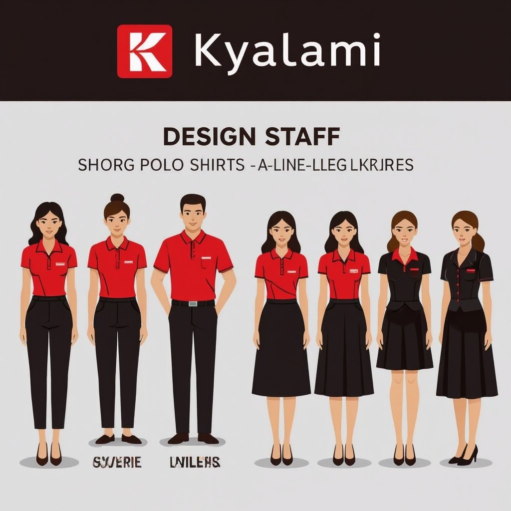 Design staff uniform in red and black with kyalami logo in different styles
Design staff uniforms in red cotton and black polyester with the Kyalami logo. Styles include fitted shirts with short sleeves, classic polo shirts, straight-leg trousers, and A-line skirts.