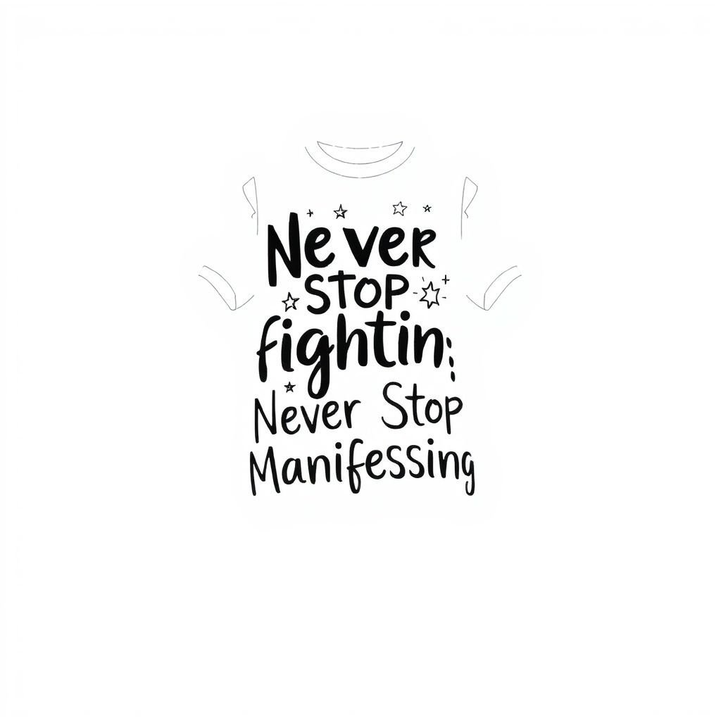 White female T-shirt with “Never stop Fighting , Never stop Manifesting.”
Design a relaxed-fit, white cotton T-shirt featuring a bold, artistic typographic print reading “Never Stop Fighting, Never Stop Manifesting.” Incorporate playful, hand-drawn elements around the text, like stars and motivational doodles. Pair the shirt with high-waisted denim shorts, lightweight sneakers, and a slouchy tote for the ultimate casual look.