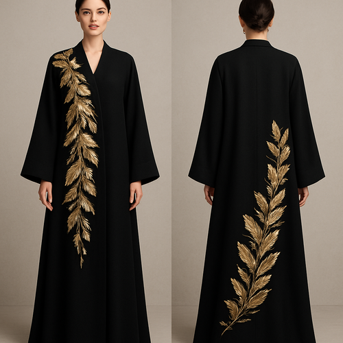 The Golden Feather Bloom Abaya
Tone: Onyx black
Design:
Handmade metallic gold feather petals arranged across one side with delicate embroidery.
Embellishment:
Champagne stones placed between feathers for a couture glow.
Vibe: Dramatic couture with modern softness.