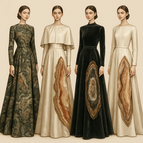 Create a modest luxury dress using silk fabric and others, the first of its kind, featuring a unique stone design that exudes a classy and sophisticated vibe. I'd like four designs, each showcasing different styles and fabrics. Incorporate high-end, unique chic stone designs to make them truly special.