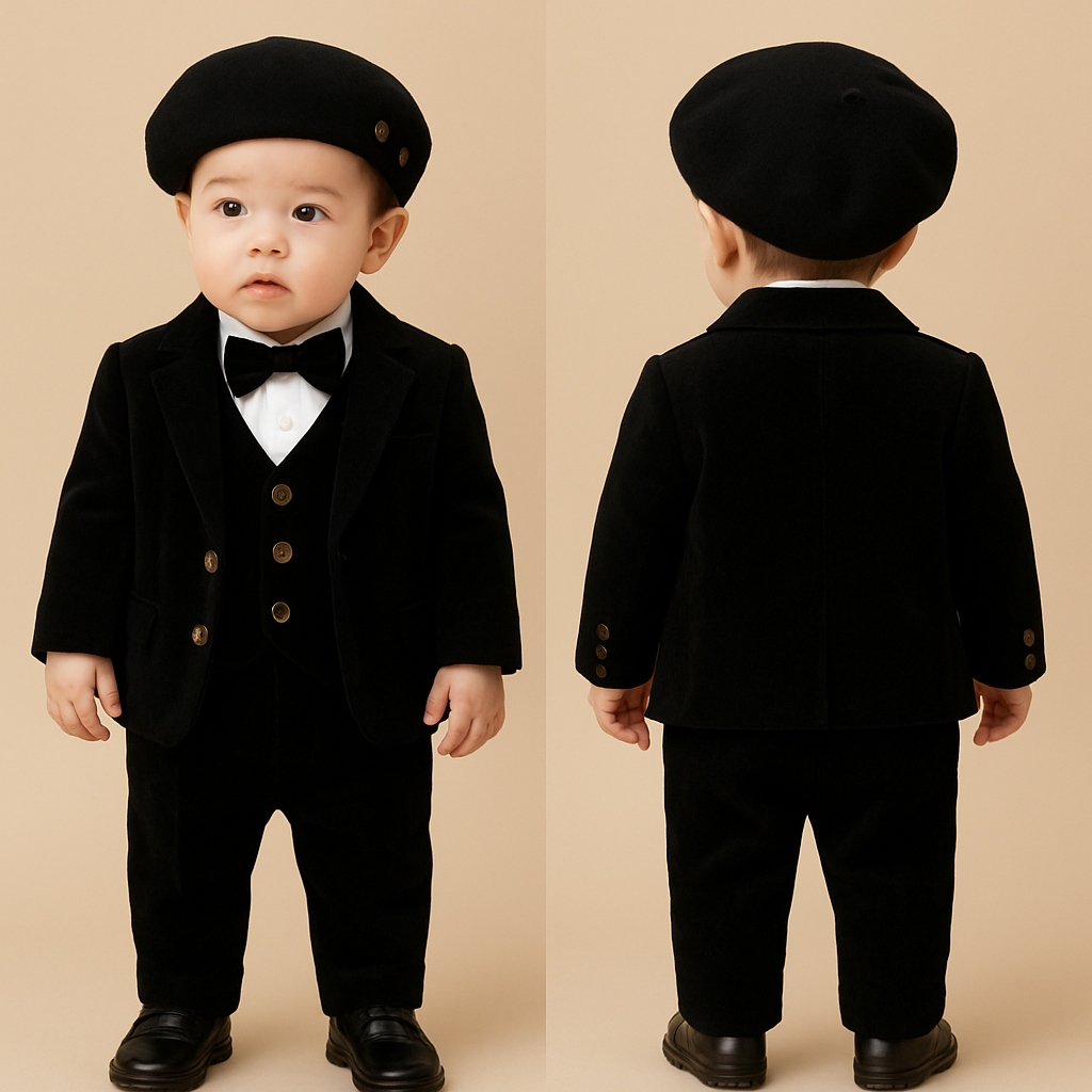 1歳の男の子着用
ベビータキシード上下
白のワイシャツに黒のベルベットの生地のべスト、ジャケット、蝶ネクタイボタンは全部アンティークゴールド色黒のベレー帽、ベレー帽にジャケットと同じアンティークゴールド色の小さいボタンを3
つつけて
靴はローファー

1歳の男の子着用
ベビータキシード上下
白のワイシャツに黒のベルベットの生地のべスト、ジャケット、蝶ネクタイボタンは全部アンティークゴールド色黒のベレー帽、ベレー帽にジャケットと同じアンティークゴールド色の小さいボタンを3
つつけて
靴はローファー, show front and back