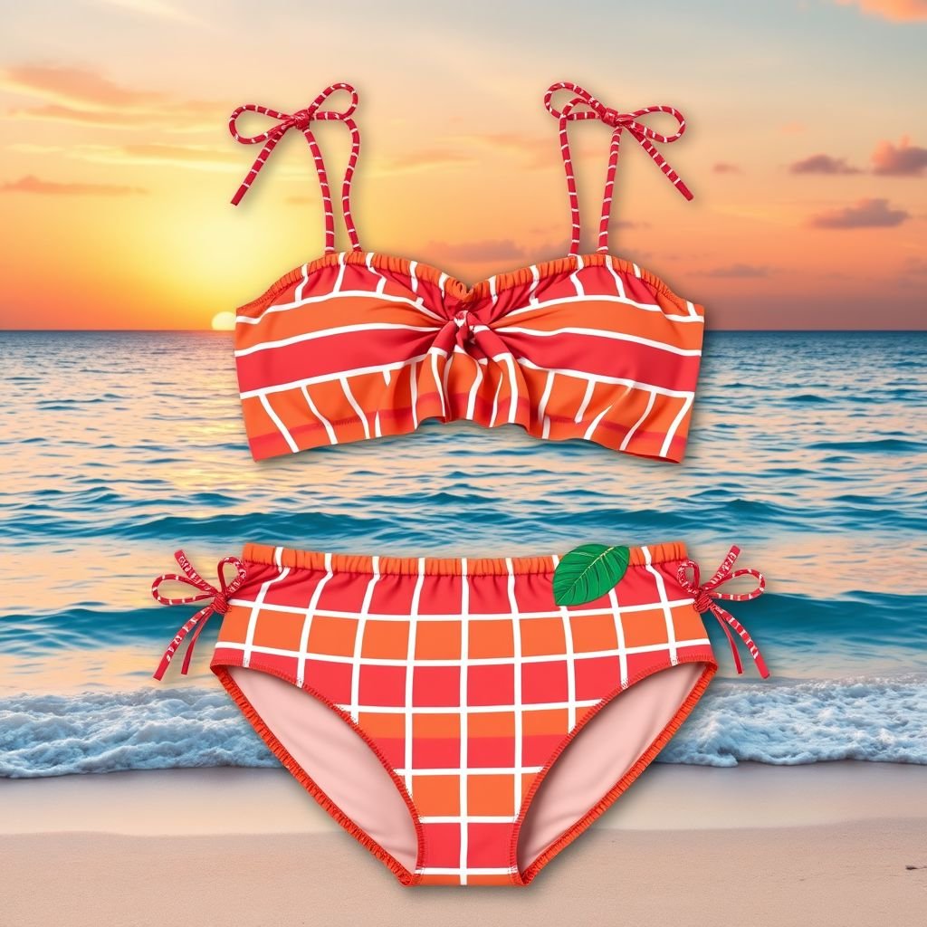 Two pieces swimwear with thin stripes -inspired by leoni the influencer
Design a vibrant two-piece swimwear set featuring playful thin stripes in sunset hues of coral and azure, capturing the essence of a sun-soaked beach day. Incorporate adjustable ties and a ruched top for a flattering fit, while adding tropical leaf accents for a trendy, influencer-inspired aesthetic perfect for seaside lounging.