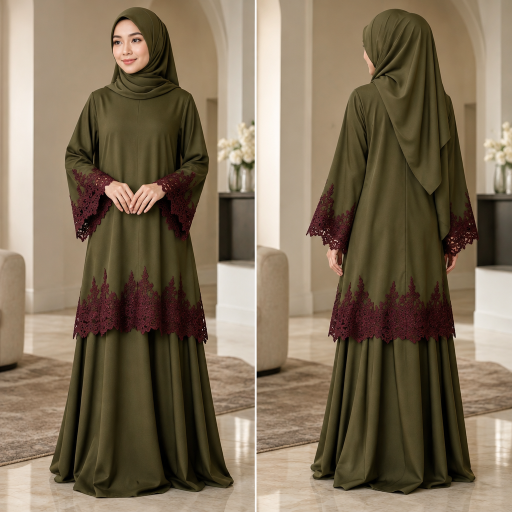 Create an elegant Malaysian baju kurung Raya design, plain olive green fabric with burgundy lace detailing on the sleeves and hem. More volume
photorealistic fashion design, Create an elegant Malaysian baju kurung Raya design, plain olive green fabric with burgundy lace detailing on the sleeves and hem. More volume , just the design no text, show front and back