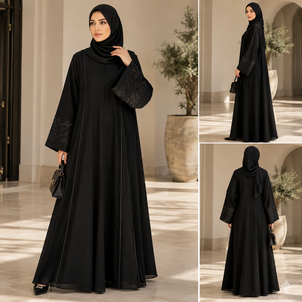 A Abaya design, in Elegant style. عاوزه عبايه سوده بناتي موضه جديده. Egypt fashion aesthetics. Present it as professional fashion catalogue photography: the garment is the subject, shown full-length with editorial styling, neutral posing and tasteful, non-suggestive framing.
photorealistic fashion design, A Abaya design, in Elegant style. عاوزه عبايه سوده بناتي موضه جديده. Egypt fashion aesthetics. Present it as professional fashion catalogue photography: the garment is the subject, shown full-length with editorial styling, neutral posing and tasteful, non-suggestive framing., elegant style, just the design no text