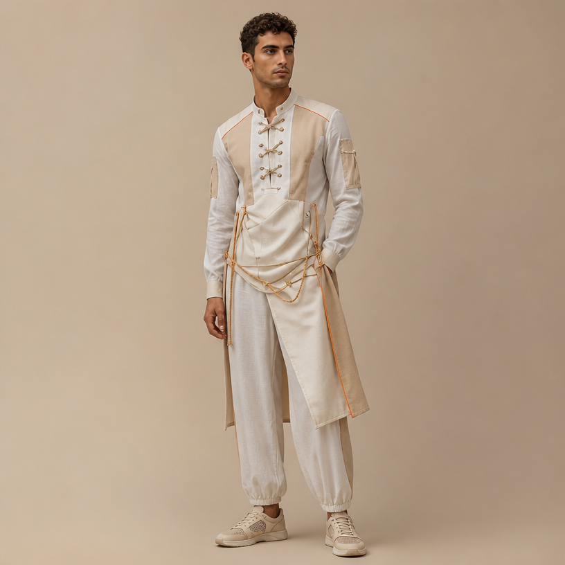 A Male Activewear design. Tunisia fashion aesthetics. Current season is Summer in Tunisia.
using the attached image as a visual reference and sketch, create this: photorealistic fashion design, A Male Activewear design. Tunisia fashion aesthetics. Current season is Summer in Tunisia., just the design no text