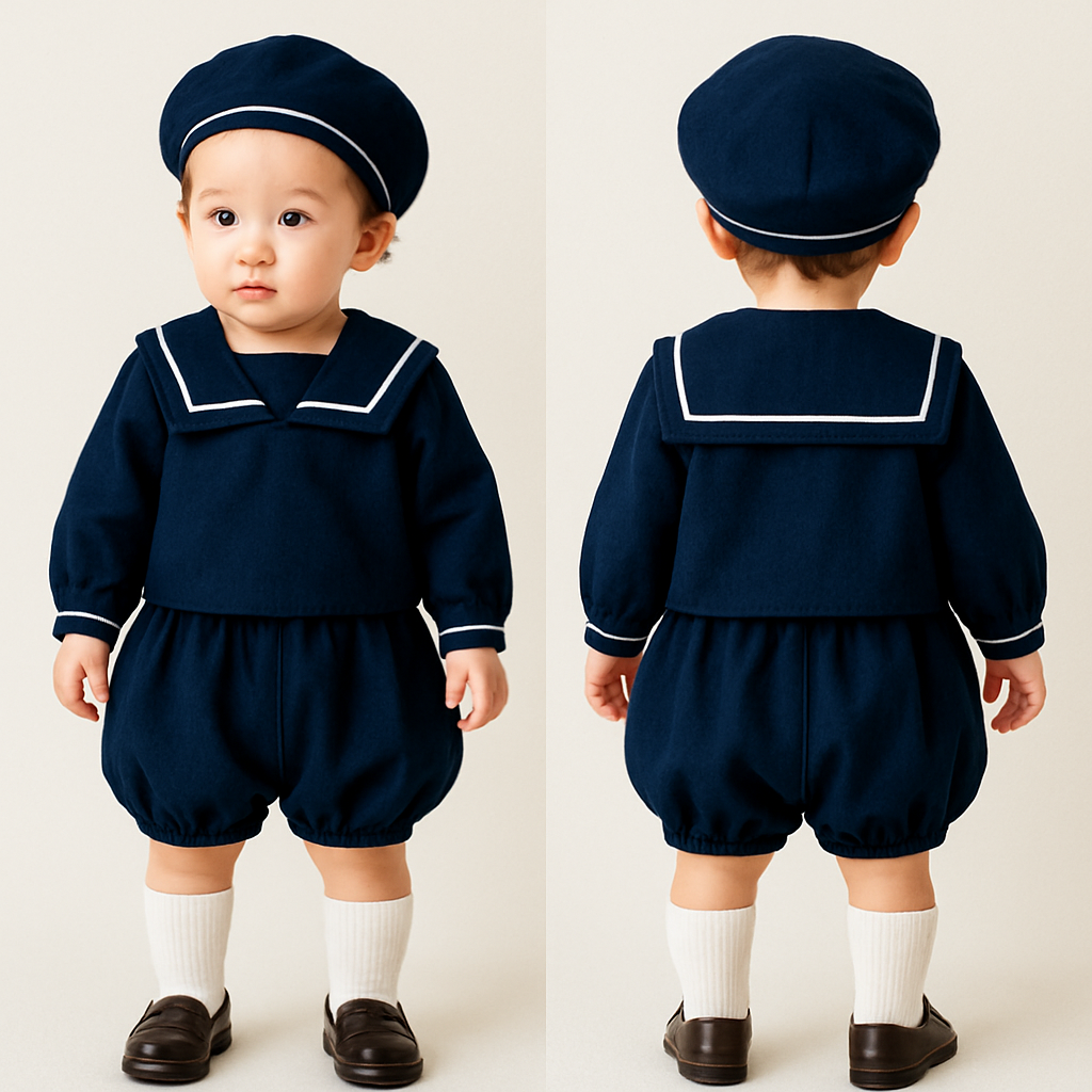 1歳の女の子、男の子着用
ユニセックス
紺に白線のセーラー服のセットアップ
長袖
ズボンはかぼちゃ型の半ズボン(丸く)
生地は涼しめ、上下同じ生地
セットアップと同じ生地で、紺に一本の白線のベレー帽
白いハイソックス
ローファー
1歳の女の子、男の子着用
ユニセックス
紺に白線のセーラー服のセットアップ
長袖
ズボンはかぼちゃ型の半ズボン(丸く)
生地は涼しめ、上下同じ生地
セットアップと同じ生地で、紺に一本の白線のベレー帽
白いハイソックス
ローファー
, show front and back