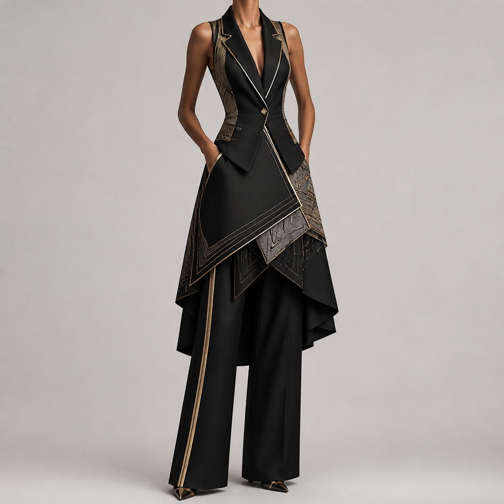 A Female fashion design, in Art Deco style. quero a parte de cima como um colete de alfaiataria em baixo uma saia com duas camadas e em baixo uma calça a cor da peça será preta dourado e cinza. Brazil fashion aesthetics.
photorealistic fashion design, A Female fashion design, in Art Deco style. quero a parte de cima como um colete de alfaiataria em baixo uma saia com duas camadas e em baixo uma calça a cor da peça será preta dourado e cinza. Brazil fashion aesthetics., art_deco style, just the design no text