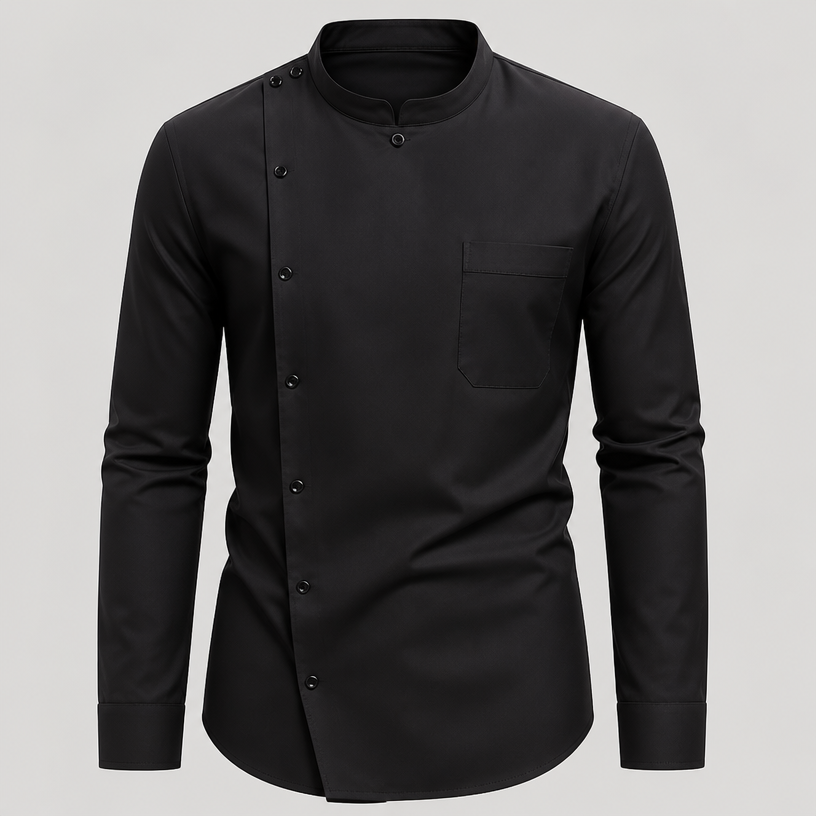 a clergy shirt in black and a detailed pocket and long sleeves. ZW fashion aesthetics.
using the attached image as a visual reference and sketch, create this: photorealistic fashion design, a clergy shirt in black and a detailed pocket and long sleeves. ZW fashion aesthetics., just the design no text