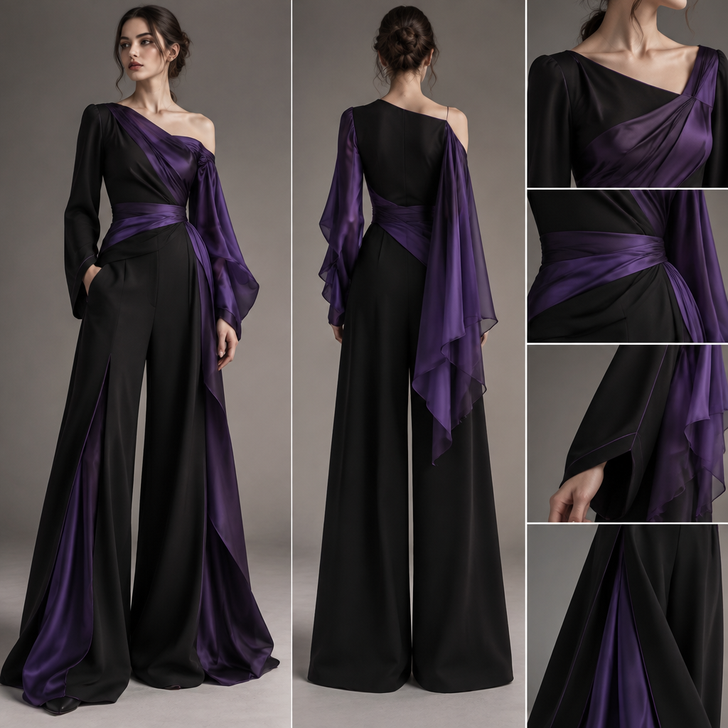 BLACK & DEEP ROYAL PURPLE DESIGN
Overall Vibe:
Confident, elegant, soft, flowing, sophisticated, and unexpected.
COLORS:
* Main color: Mostly matte black
* Accent color: Deep royal purple
* Purple has a slight satin-like sheen
* Black is mostly matte
FABRIC:
* Black fabric: Slightly structured with enough weight for the trousers
* Purple fabric: Lighter, softer, and more fluid with beautiful drape
UPPER BODY:
* Asymmetric neckline
* One loose, long black sleeve
* One purple sleeve formed partly from the draping
* Purple begins at the shoulder and flows diagonally across the chest
* Another purple section rises from around the waist toward the shoulder
* The two purple sections create an overlapping/crossing ribbon effect
* The purple continues into the sleeve and flows toward the back
WAIST:
* Purple fabric wraps gently around the waist
* It is not designed like a belt
* The waist is slightly shaped for subtle definition
* Purple gathers softly at one side
* The gathered purple section disappears seamlessly into the trousers
TROUSERS:
* Black, very wide-leg trousers
* Floor-touching length without heavily dragging
* The front initially appears as elegant, simple wide-leg trousers
* Around the knee, the outer black layer opens subtly
* A deep royal-purple inner layer is revealed underneath
* The purple is part of the trouser construction rather than a simple stripe
BACK:
* Mostly clean black
* A purple waterfall flows from the shoulder/waist area
* The purple becomes slightly wider as it descends
* Soft, slightly uneven edge
* Ends around the upper-thigh/hip area
* Medium-length and elegant rather than extremely dramatic
* Connects subtly to the purple waist section
DETAIL:
“The Purple Thread”
* Very thin purple stitching follows selected black edges
* Appears around part of the neckline
* Continues along the black sleeve
* Extends onto sections of the trousers
* Becomes slightly more visible near the purple sections
DESIGN CONCEPT:
The purple should feel like one continuous flowing ribbon moving through the entire outfit:
Shoulder → Chest → Waist → Trousers → Back Waterfall
FINAL IDENTITY:
Soft
Flowing
Elegant
Confident
Unexpected
Sophisticated
The design uses the construction of the garment itself—not excessive decoration—to create its uniqueness.
photorealistic fashion design, BLACK & DEEP ROYAL PURPLE DESIGN
Overall Vibe:
Confident, elegant, soft, flowing, sophisticated, and unexpected.
COLORS:
* Main color: Mostly matte black
* Accent color: Deep royal purple
* Purple has a slight satin-like sheen
* Black is mostly matte
FABRIC:
* Black fabric: Slightly structured with enough weight for the trousers
* Purple fabric: Lighter, softer, and more fluid with beautiful drape
UPPER BODY:
* Asymmetric neckline
* One loose, long black sleeve
* One purple sleeve formed partly from the draping
* Purple begins at the shoulder and flows diagonally across the chest
* Another purple section rises from around the waist toward the shoulder
* The two purple sections create an overlapping/crossing ribbon effect
* The purple continues into the sleeve and flows toward the back
WAIST:
* Purple fabric wraps gently around the waist
* It is not designed like a belt
* The waist is slightly shaped for subtle definition
* Purple gathers softly at one side
* The gathered purple section disappears seamlessly into the trousers
TROUSERS:
* Black, very wide-leg trousers
* Floor-touching length without heavily dragging
* The front initially appears as elegant, simple wide-leg trousers
* Around the knee, the outer black layer opens subtly
* A deep royal-purple inner layer is revealed underneath
* The purple is part of the trouser construction rather than a simple stripe
BACK:
* Mostly clean black
* A purple waterfall flows from the shoulder/waist area
* The purple becomes slightly wider as it descends
* Soft, slightly uneven edge
* Ends around the upper-thigh/hip area
* Medium-length and elegant rather than extremely dramatic
* Connects subtly to the purple waist section
DETAIL:
“The Purple Thread”
* Very thin purple stitching follows selected black edges
* Appears around part of the neckline
* Continues along the black sleeve
* Extends onto sections of the trousers
* Becomes slightly more visible near the purple sections
DESIGN CONCEPT:
The purple should feel like one continuous flowing ribbon moving through the entire outfit:
Shoulder → Chest → Waist → Trousers → Back Waterfall
FINAL IDENTITY:
Soft
Flowing
Elegant
Confident
Unexpected
Sophisticated
The design uses the construction of the garment itself—not excessive decoration—to create its uniqueness., haute_couture style, just the design no text