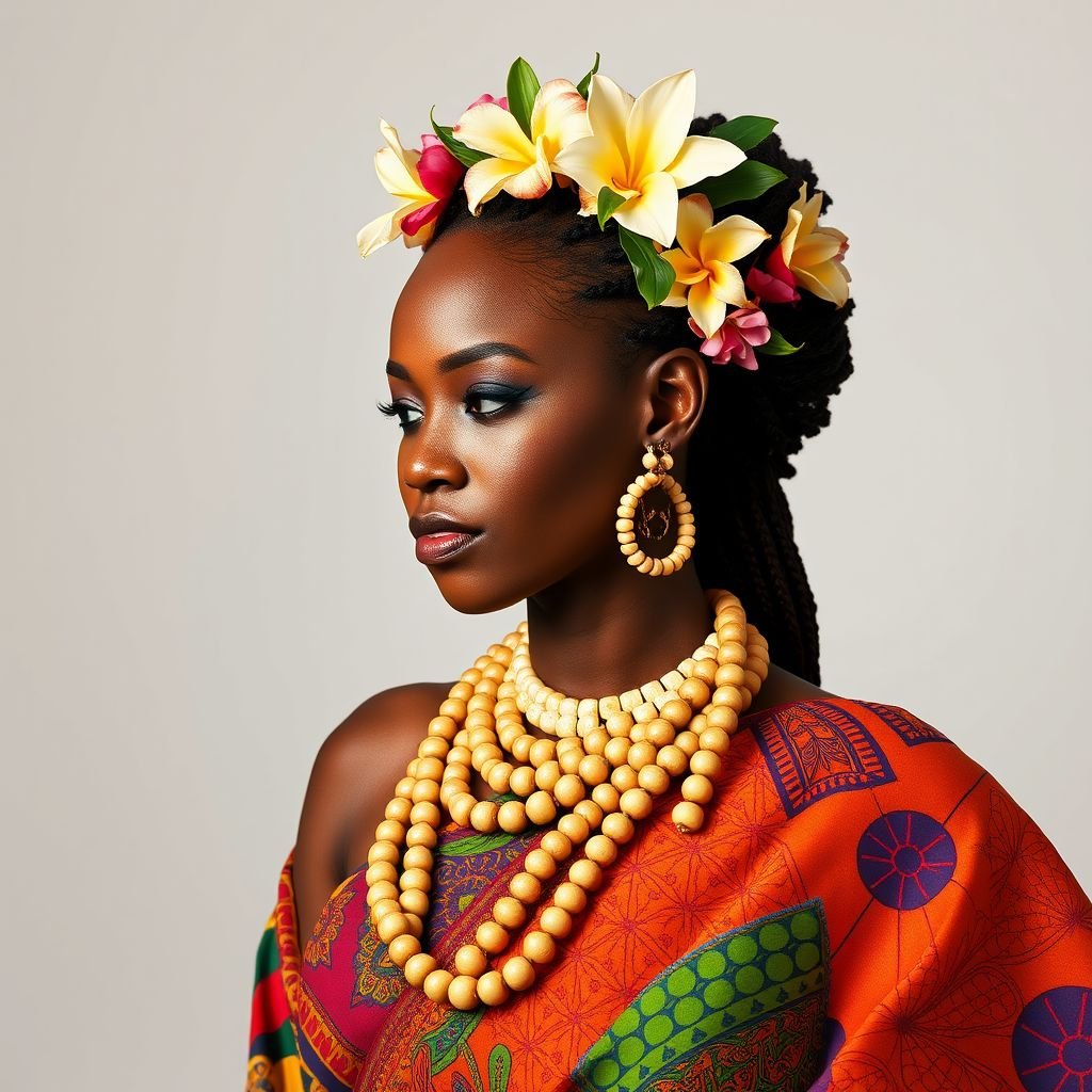 Ijaw bride with kente wrapper and Goerge
Visualize an Ijaw bride adorned in a vibrant kente wrapper, showcasing a blend of traditional Ghanaian patterns with rich colors. Over this, she wears a luxurious George fabric, intricately embroidered with gold thread. Her accessories feature hand-carved ivory beads, and her hairstyle is adorned with fresh tropical flowers, embodying cultural elegance.
