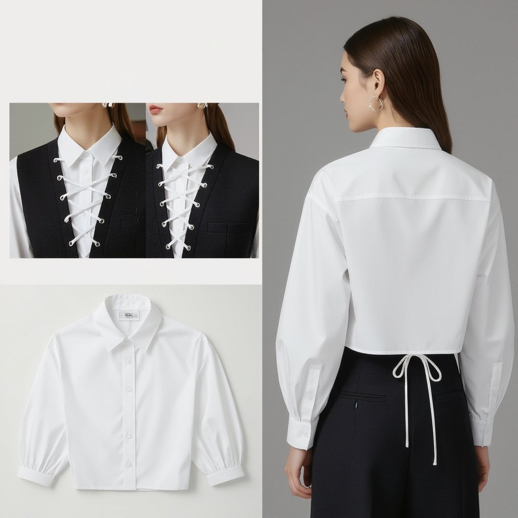 A big shirt, that has an extended shoulder, with visible crisscross on the side that can be adjusted and also worn as casual and corporate and has balloon sleeves with a picture of how the back will look
A crisp cotton shirt with an extended shoulder and balloon sleeves. It features visible criss-cross lacing on the side for an adjustable fit, suitable for both casual and corporate wear. The back of the shirt is shown in an accompanying picture.