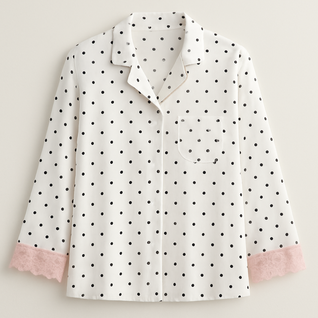 White pajama top boyfriend style with small black polka dots and baby pink lace on the hems sleeves
White pajama top boyfriend style with small black polka dots and baby pink lace on the hems sleeves