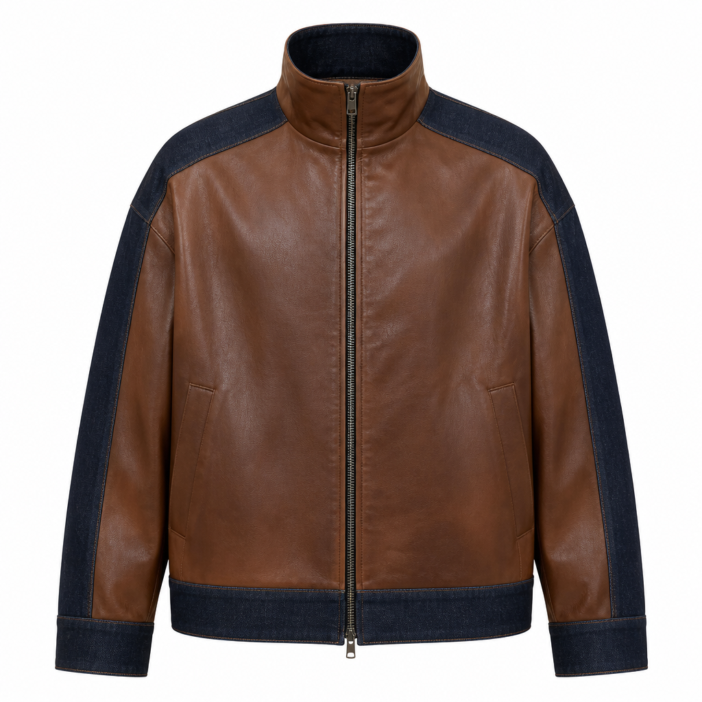 Design an original luxury minimalist jacket crafted from premium full-grain burnt brown leather with contrasting dark indigo denim paneling. Integrate the denim only along the shoulder lines, extending seamlessly down the outer sleeves, around the sleeve cuffs, and along the bottom hem of the jacket, creating a clean and balanced color-block effect. Features a relaxed oversized silhouette, structured stand collar, concealed side pockets, premium two-way metal zipper, clean architectural panel construction, minimal stitching, and refined proportions. The design should feel timeless, sophisticated, and suitable for a high-end luxury fashion brand. No logos, no graphics, no decorative elements. Hyper-realistic fashion design, front view, studio lighting, white background.
photorealistic fashion design, Design an original luxury minimalist jacket crafted from premium full-grain burnt brown leather with contrasting dark indigo denim paneling. Integrate the denim only along the shoulder lines, extending seamlessly down the outer sleeves, around the sleeve cuffs, and along the bottom hem of the jacket, creating a clean and balanced color-block effect. Features a relaxed oversized silhouette, structured stand collar, concealed side pockets, premium two-way metal zipper, clean architectural panel construction, minimal stitching, and refined proportions. The design should feel timeless, sophisticated, and suitable for a high-end luxury fashion brand. No logos, no graphics, no decorative elements. Hyper-realistic fashion design, front view, studio lighting, white background., just the design no text