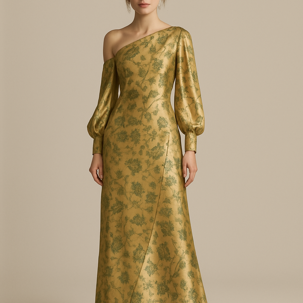 Model is wearing a Gold Asymmetrical slant shoulder cutout neckline maxi dress with long gathered silk sleeves and two seams that start center front and curve around the body down to hem. Has green embroidery of flowers as a print covering entire dress
Model is wearing a Gold Asymmetrical slant shoulder cutout neckline maxi dress with long gathered silk sleeves and two seams that start center front and curve around the body down to hem. Has green embroidery of flowers as a print covering entire dress, vintage style