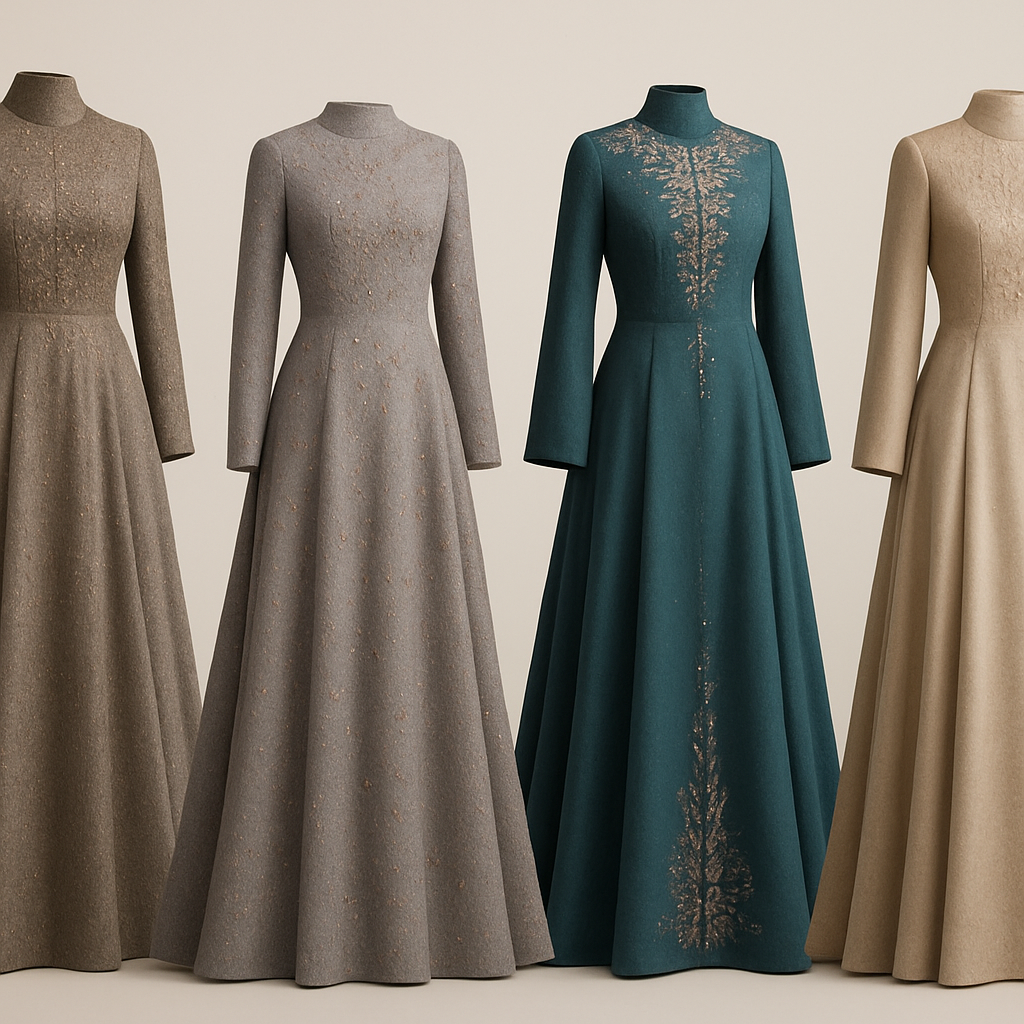 Create me modest dresses that's first in the world, using unique stone design, classy and sophisticated. Keep me 4 designs. Make them rich by adding minimal stone embroidery and stones designs. Showcasing different styles and fabric.
Create me modest dresses that's first in the world, using unique stone design, classy and sophisticated. Keep me 4 designs. Make them rich by adding minimal stone embroidery and stones designs. Showcasing different styles and fabric.