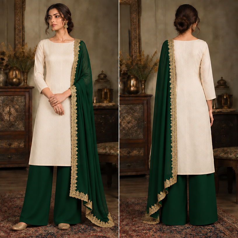 Plaazo tight wala chaida te neck boat neck bnao te dupatte te chaare paase lace golden colour di vdia quality di
edit the attached fashion design with these instructions: Plaazo tight wala chaida te neck boat neck bnao te dupatte te chaare paase lace golden colour di vdia quality di. keep it photorealistic, just the design no text