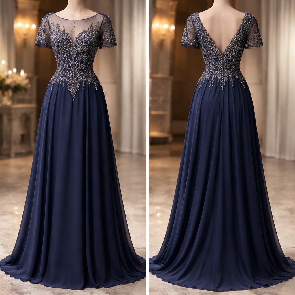 The dress is an elegant floor-length evening gown in a deep navy blue shade with a refined, formal aesthetic.
The bodice is the main statement piece: it features intricate, densely embroidered lace adorned with metallic beadwork and sequins in a silver-grey tone. The embroidery is concentrated around the bust and waist area, creating a structured, sculpted effect that enhances the upper silhouette. The patterns are floral and ornamental, giving a luxurious, almost couture-like appearance.
Above the bodice, there is a sheer illusion neckline made of fine nude mesh. This creates a subtle contrast with the dark embellishment and gives the illusion of the lace floating on the skin. The neckline is softly rounded and modest, maintaining an elegant and classic finish.
The sleeves are short and semi-sheer, made of matching mesh with embroidered detailing that mirrors the bodice design. They are lightly flared, adding softness and movement without overwhelming the structure of the dress.
The waist transitions smoothly into a plain, flowing chiffon skirt. The skirt is simple and unembellished, which balances the heavily decorated upper half. It falls straight down with a soft drape, creating a long, clean silhouette that elongates the body.
From the back, the dress features a V-shaped dip, also finished with sheer mesh and embroidery along the edges, maintaining continuity with the front design. The overall back design keeps the look graceful while adding a subtle hint of drama.
Overall, the dress combines a heavily embellished, luxurious upper section with a minimal, flowing skirt—resulting in a balanced evening gown that feels formal, feminine, and sophisticated.
The dress is an elegant floor-length evening gown in a deep navy blue shade with a refined, formal aesthetic.
The bodice is the main statement piece: it features intricate, densely embroidered lace adorned with metallic beadwork and sequins in a silver-grey tone. The embroidery is concentrated around the bust and waist area, creating a structured, sculpted effect that enhances the upper silhouette. The patterns are floral and ornamental, giving a luxurious, almost couture-like appearance.
Above the bodice, there is a sheer illusion neckline made of fine nude mesh. This creates a subtle contrast with the dark embellishment and gives the illusion of the lace floating on the skin. The neckline is softly rounded and modest, maintaining an elegant and classic finish.
The sleeves are short and semi-sheer, made of matching mesh with embroidered detailing that mirrors the bodice design. They are lightly flared, adding softness and movement without overwhelming the structure of the dress.
The waist transitions smoothly into a plain, flowing chiffon skirt. The skirt is simple and unembellished, which balances the heavily decorated upper half. It falls straight down with a soft drape, creating a long, clean silhouette that elongates the body.
From the back, the dress features a V-shaped dip, also finished with sheer mesh and embroidery along the edges, maintaining continuity with the front design. The overall back design keeps the look graceful while adding a subtle hint of drama.
Overall, the dress combines a heavily embellished, luxurious upper section with a minimal, flowing skirt—resulting in a balanced evening gown that feels formal, feminine, and sophisticated.