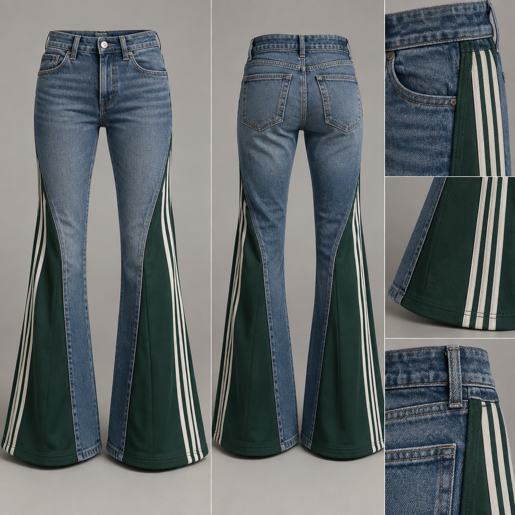 Transform a tight jeans into a cowboy with a bell. For this we will use a base jeans to which I will add a piece of green sports pants with Adidas type sizes
photorealistic fashion design, Transform a tight jeans into a cowboy with a bell. For this we will use a base jeans to which I will add a piece of green sports pants with Adidas type sizes, just the design no text