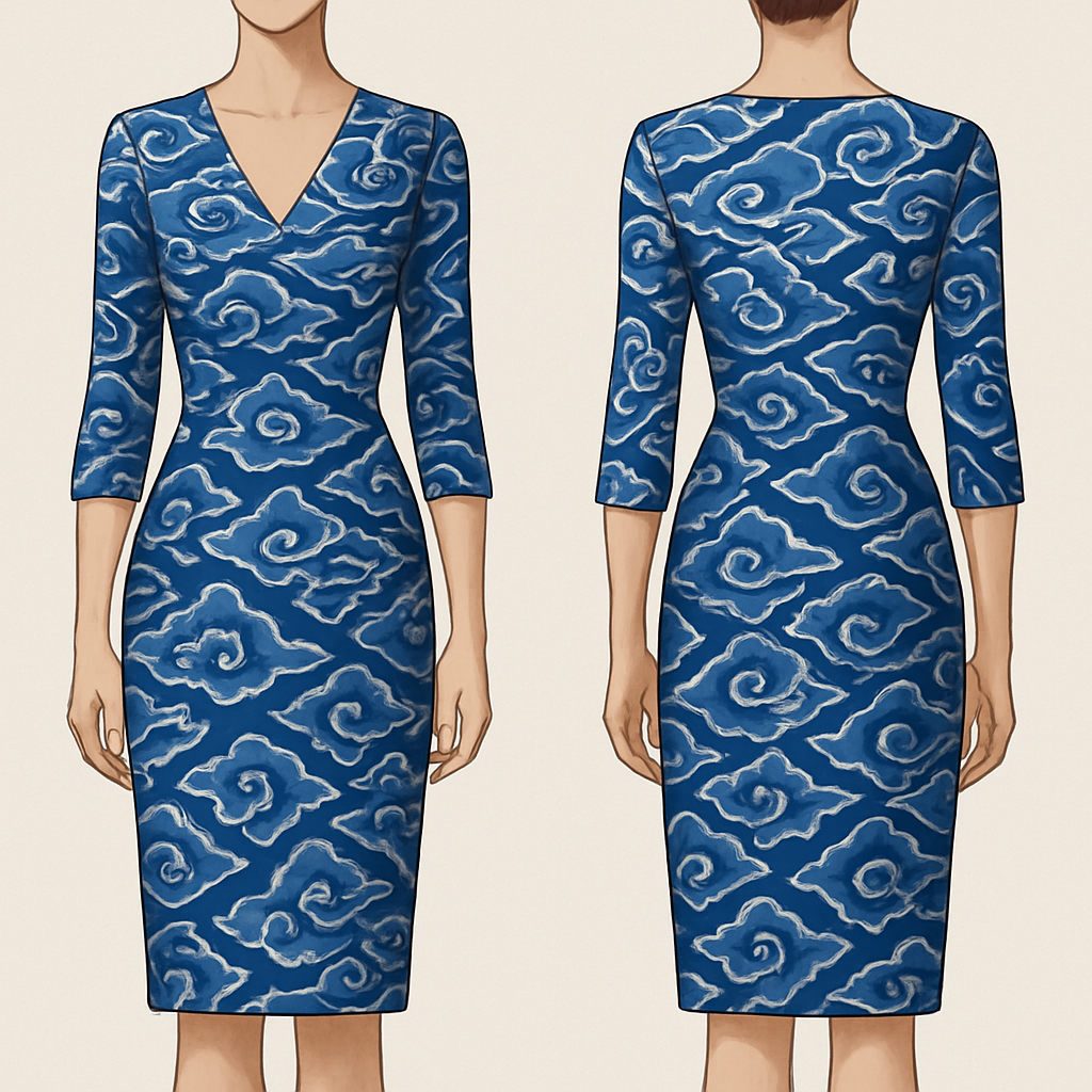 please design a v neck dress with 7/8 sleeve with megamendung batik pattern that makes me look slim
please design a v neck dress with 7/8 sleeve with megamendung batik pattern that makes me look slim , formal style, show front and back