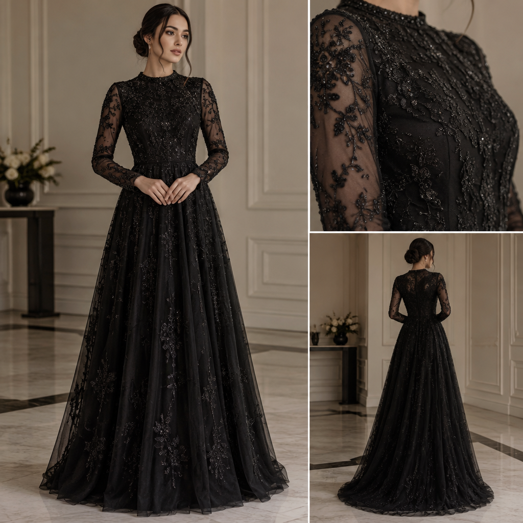 I want a dress design with the following specifications:
* Fabric: Black French tulle with intricate handmade embroidery and embellishments.
* Color: Black.
* Style: A combination of classic and modern elegance.
* Length: A long, ankle-length dress.
* Design: Modest, sophisticated, and elegant, not overly flashy or revealing.
* Occasion: Suitable for formal occasions.
I want the dress to look luxurious and timeless, with a beautiful design that balances classic elegance with modern fashion.
photorealistic fashion design, I want a dress design with the following specifications:
* Fabric: Black French tulle with intricate handmade embroidery and embellishments.
* Color: Black.
* Style: A combination of classic and modern elegance.
* Length: A long, ankle-length dress.
* Design: Modest, sophisticated, and elegant, not overly flashy or revealing.
* Occasion: Suitable for formal occasions.
I want the dress to look luxurious and timeless, with a beautiful design that balances classic elegance with modern fashion., just the design no text