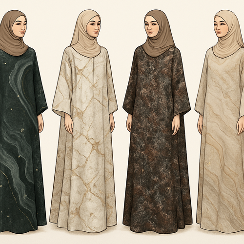 Create a modest boubou, the first of its kind, featuring a unique stone design that exudes a classy and sophisticated vibe. I'd like four designs, each showcasing different styles and fabrics. Incorporate high-end, unique chic stone designs to make them truly special. Add little sophisticated stone designs.