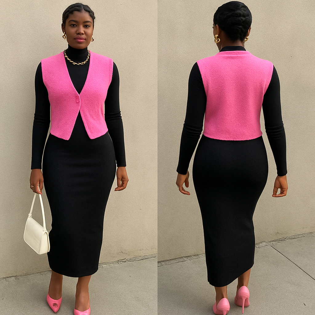 Black woman 
Finger waves 
Long tight collared black dress 
Pink vest 
White purse 
Pink heels 
gold jewelry 
Clear lipgloss 
Black woman 
Finger waves 
Long tight collared black dress 
Pink vest 
White purse 
Pink heels 
gold jewelry 
Clear lipgloss 
, streetwear style, show front and back