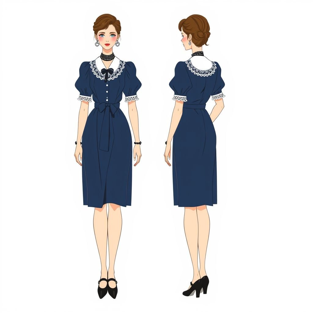 A midnight blue 90s dress
Design a vintage-inspired midnight blue 90s dress with a flattering A-line silhouette, featuring delicate lace trim along the collar and cuffs. Incorporate puff sleeves for a nostalgic touch and a cinched waist to enhance the figure. Accessorize with a beaded choker and classic Mary Jane shoes for an authentic vintage vibe.
