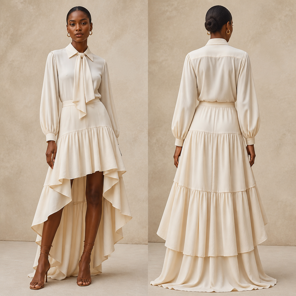 A Top design, with a sturdy, casual hand, with a Tailored silhouette, in Elegant + Resort style, shown on a model with deep skin tone and a tall figure. Neck tie collared shirt and Caribbean high low skirt long sleeved shirts with gathers at the cuff 3 tiered level skirt Present it as professional fashion catalogue photography: the garment is the subject, shown full-length with editorial styling, neutral posing and tasteful, non-suggestive framing.
photorealistic fashion design, A Top design, with a sturdy, casual hand, with a Tailored silhouette, in Elegant + Resort style, shown on a model with deep skin tone and a tall figure. Neck tie collared shirt and Caribbean high low skirt long sleeved shirts with gathers at the cuff 3 tiered level skirt Present it as professional fashion catalogue photography: the garment is the subject, shown full-length with editorial styling, neutral posing and tasteful, non-suggestive framing., elegant style, just the design no text, show front and back