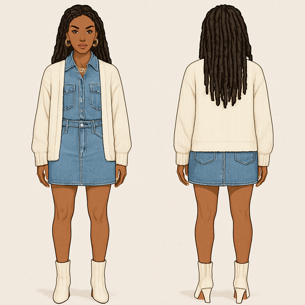 Blue Jean shirt
Blue Jean skirt
White cardigan
White boot heels
Faux locs
Gold chain gold earrings
Blue Jean shirt
Blue Jean skirt
White cardigan
White boot heels
Faux locs
Gold chain gold earrings
, show front and back