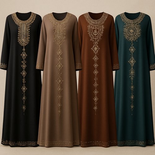 Create me modest boubou that's first in the world, using unique stone design, classy and sophisticated. Keep me 4 designs. Make them rich by adding minimal stone embroidery and stones designs.