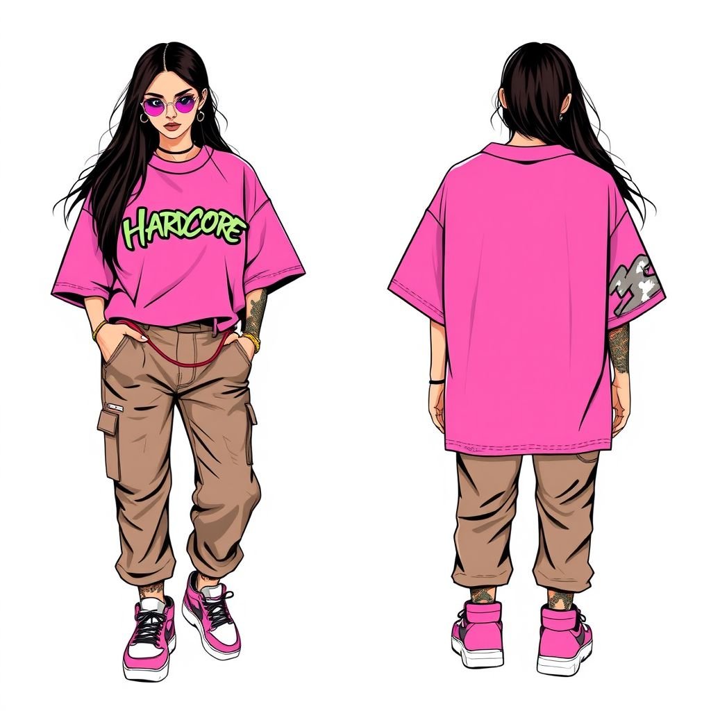 Pink t shirt, inscription hardcore
Design a vibrant pink oversized t-shirt, featuring bold graffiti-style lettering that reads “Hardcore” across the chest. Incorporate distressed hem details for an edgy vibe, and add a subtle, abstract pattern printed on the sleeves. Pair it with high-waisted cargo pants and chunky sneakers for an ultimate streetwear statement.