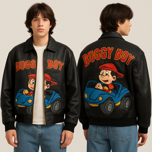 Buggy boy leather jacket in 90’s fashion street wear with a cartoon character in a dune blue buggy 
