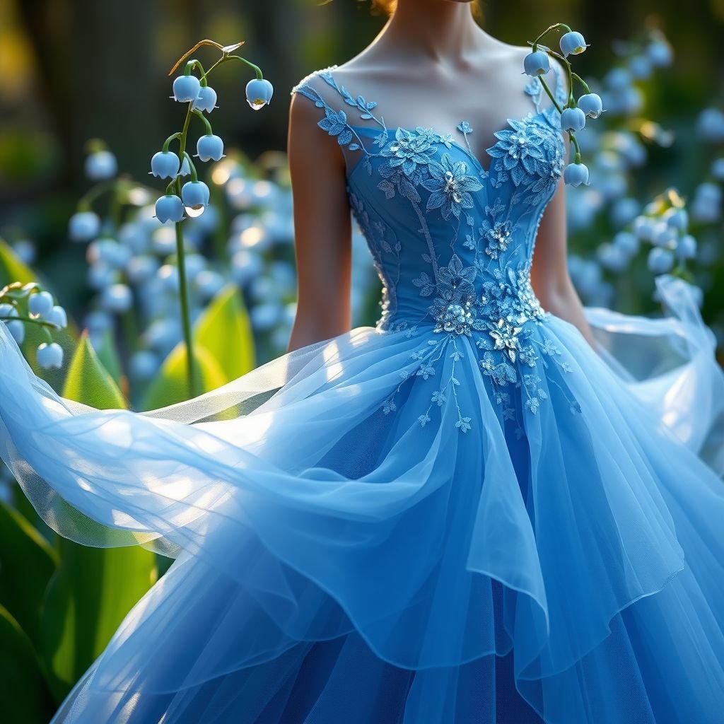 so my idea is : a dress that is have the same vibe of the blue liliy of the valley with water dripping made of crystals
Design a captivating dress inspired by the enchanting blue lily of the valley, featuring a flowing silhouette adorned with delicate crystal droplets that mimic dewdrops glistening in the morning light. The bodice showcases intricate floral embroidery, while layers of sheer fabric cascade like petals, embodying elegance and nature’s ethereal beauty.