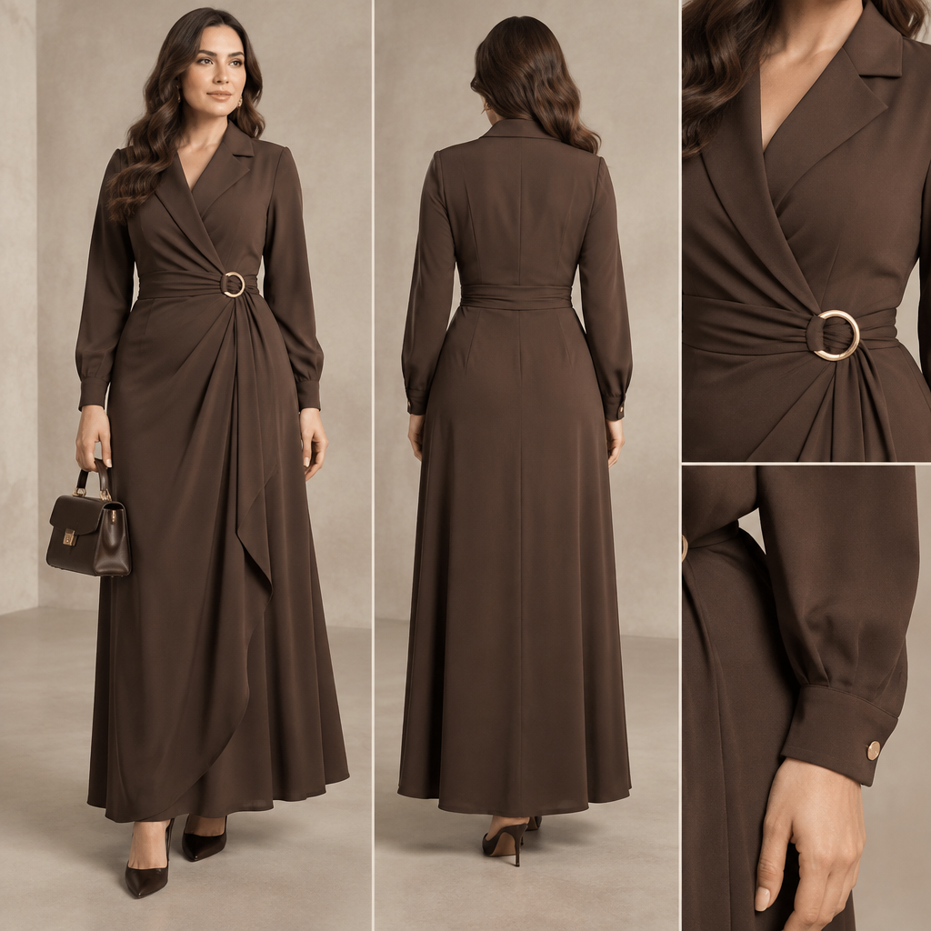 A Female Dress design, suitable for Fall. اريد فصال تصميم لفستان لجسم يكون فيه بروز قليل من البطن وجوانب. IQ fashion aesthetics. Present it as professional fashion catalogue photography: the garment is the subject, shown full-length with editorial styling, neutral posing and tasteful, non-suggestive framing.
photorealistic fashion design, A Female Dress design, suitable for Fall. اريد فصال تصميم لفستان لجسم يكون فيه بروز قليل من البطن وجوانب. IQ fashion aesthetics. Present it as professional fashion catalogue photography: the garment is the subject, shown full-length with editorial styling, neutral posing and tasteful, non-suggestive framing., just the design no text