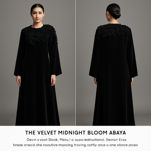 The Velvet Midnight Bloom Abaya
Tone: Deep velvet black
Fabric: Heavy velvet–crepe blend
Design:
A dense cluster of 3D velvet flowers around the neckline flowing softly across one sleeve.
Embellishment:
Black Swarovski stones scattered like stars.
Vibe:
Royal, powerful, and irresistibly classy.