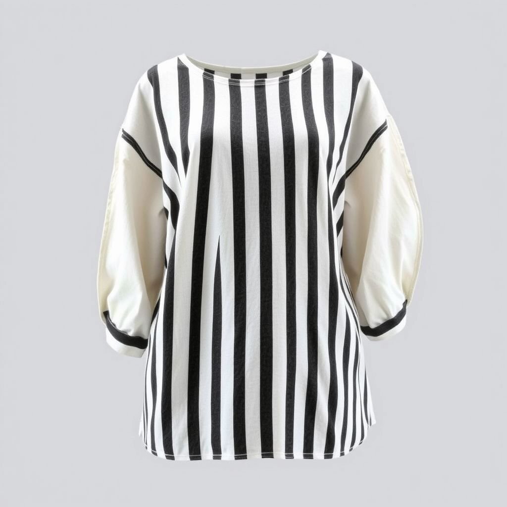 Make a boxy linen top with white and black stripes. The sleeves are huge and has slits. The stripes for the top is vertical but the botton stripes for the top & sleeves is horizontal
Design a relaxed-fit, boxy linen top featuring an energetic mix of white and black stripes. Highlight the casual vibe with oversized, dramatic sleeves that have stylish slits for easy movement. The top boasts vertical stripes on the bodice, while playful horizontal stripes adorn the sleeves, merging comfort with contemporary flair.