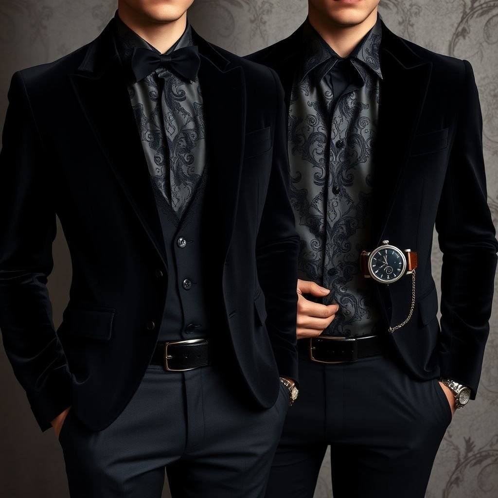 Mens Gothic Business casual
Envision a striking men's Gothic business casual ensemble blending sophistication with dark romanticism. Picture tailored black velvet blazers featuring subtle lace accents, paired with slim-fit charcoal trousers. Complete the look with a silk shirt adorned with intricate baroque patterns, leather ankle boots, and a silver pocket watch, embodying an enigmatic allure.