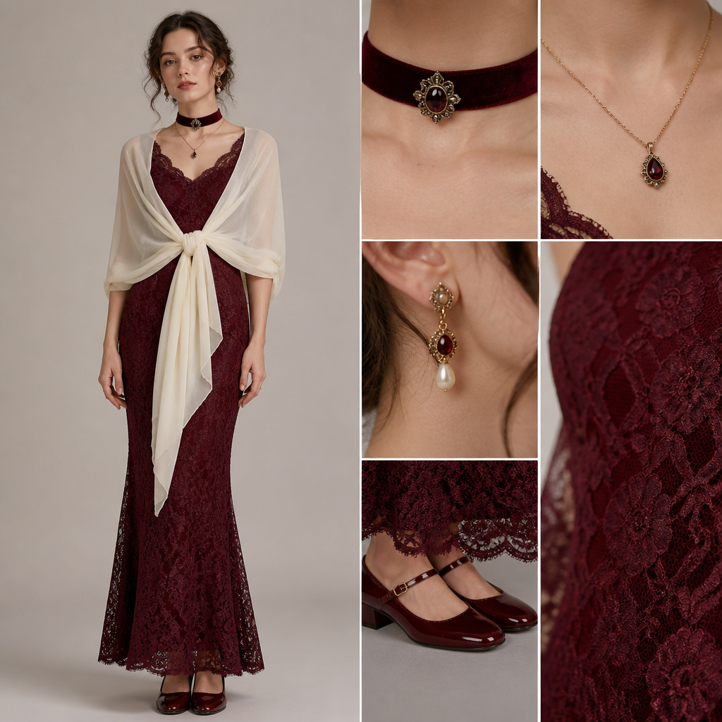 I wear a deep burgundy lace fitted floor-length gown with a draped ivory chiffon shawl tied at the front, finished with Miu Miu burgundy patent Mary Jane heels, a burgundy velvet ribbon choker with a silver brooch, a gold garnet drop pendant necklace, and antique gold pearl and garnet drop carrings.
photorealistic fashion design, I wear a deep burgundy lace fitted floor-length gown with a draped ivory chiffon shawl tied at the front, finished with Miu Miu burgundy patent Mary Jane heels, a burgundy velvet ribbon choker with a silver brooch, a gold garnet drop pendant necklace, and antique gold pearl and garnet drop carrings., just the design no text